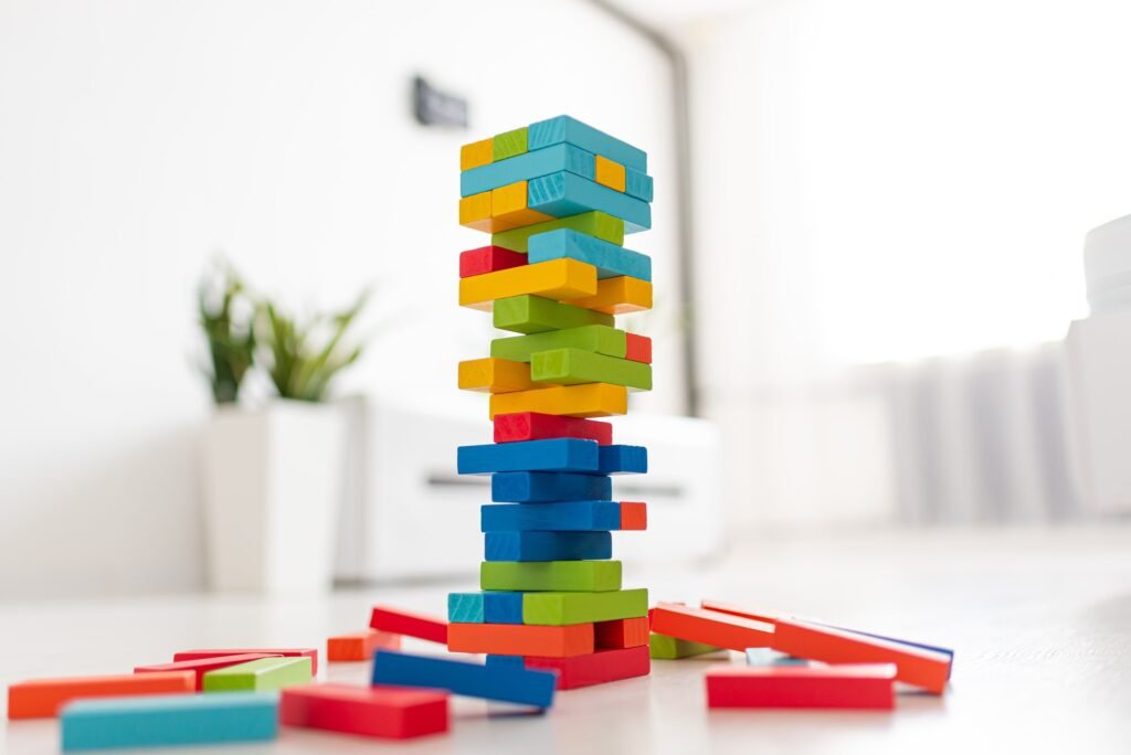 Blocks of wood isolated on white background, strategy game as a business plan for team work