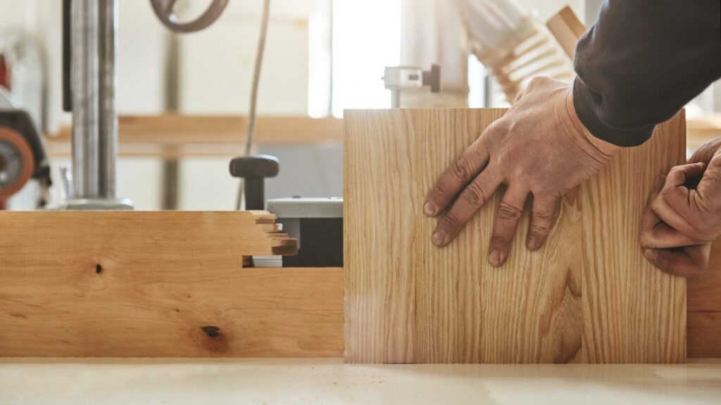 Focus On Quality. Carpenter working with industrial tool in wood factory