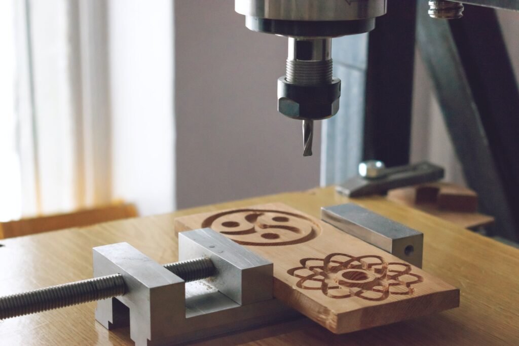 wood cutting machine 3D wood cnc router. CNC milling machine carving a wooden part blank. Cutter