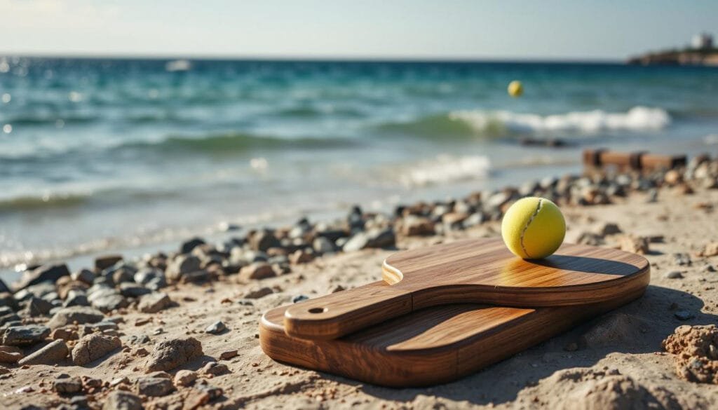 a wooden pickleball set